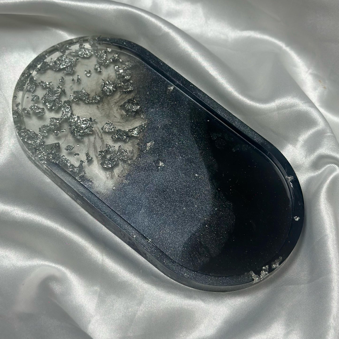 Black and silver resin oval tray