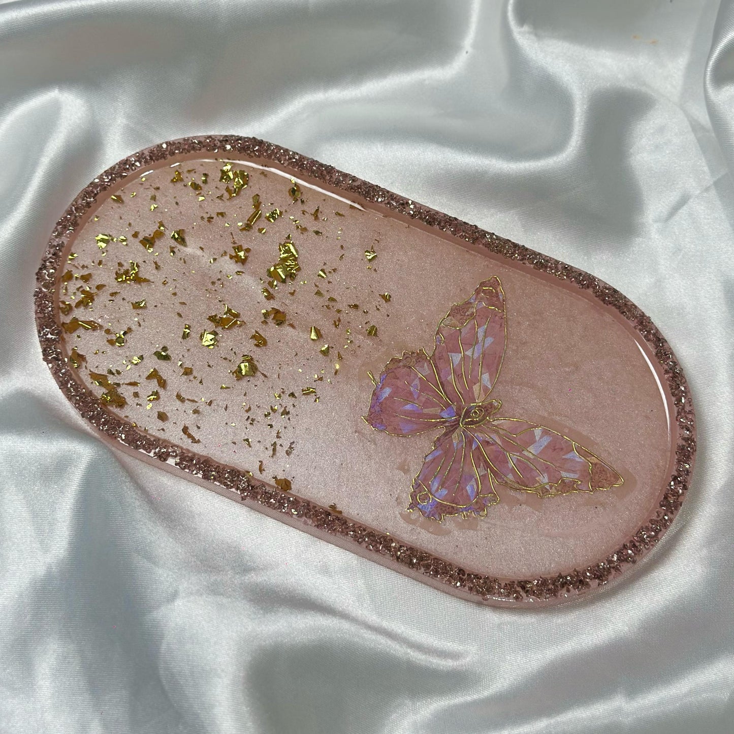 Pink butterfly resin oval tray