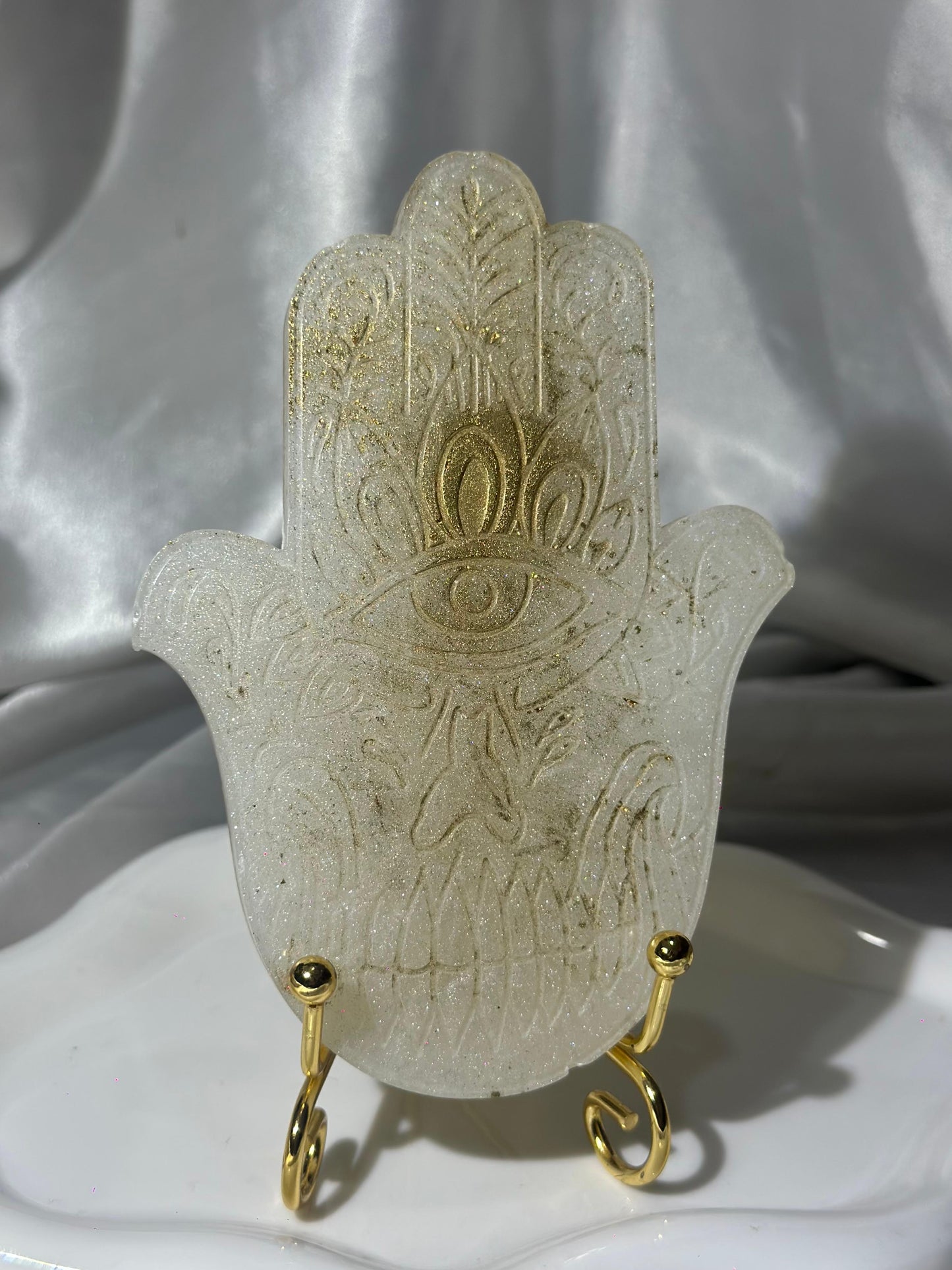 White and gold hand resin coaster