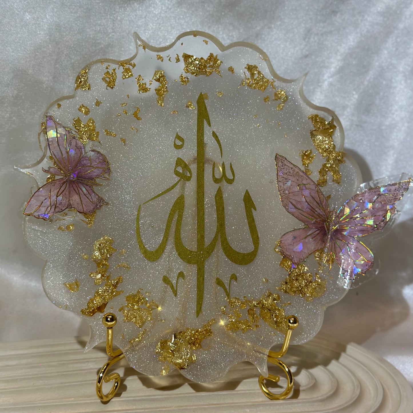 Allah with pink butterflies white coaster