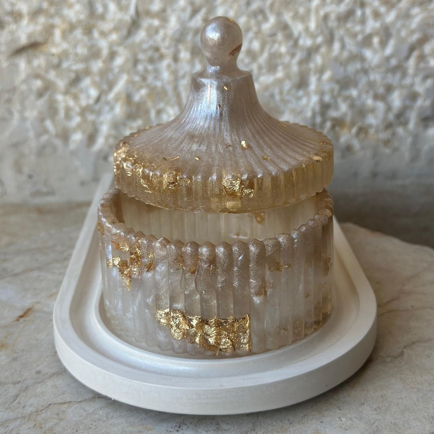 Beige and white with gold Resin Jar