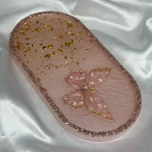 Pink butterfly resin oval tray