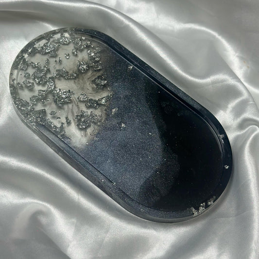 Black and silver resin oval tray