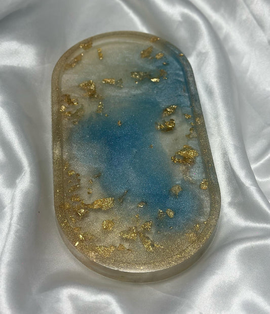Blue and gold resin oval tray